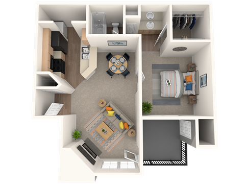 Floor plan for 1 bed, 1 bath, 628 sqft